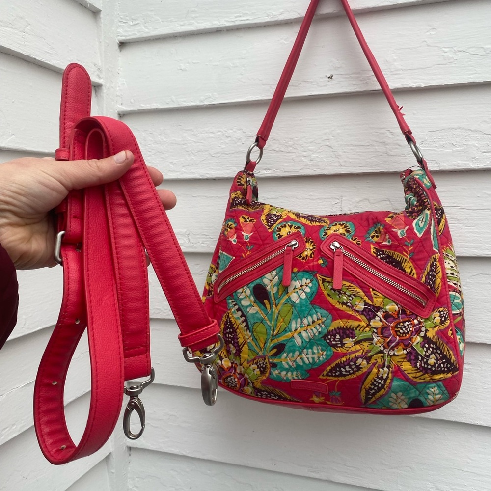 Vera Bradley Vivian Bright Cherry Red Rumba Quilted Floral Hobo Shoulder Bag